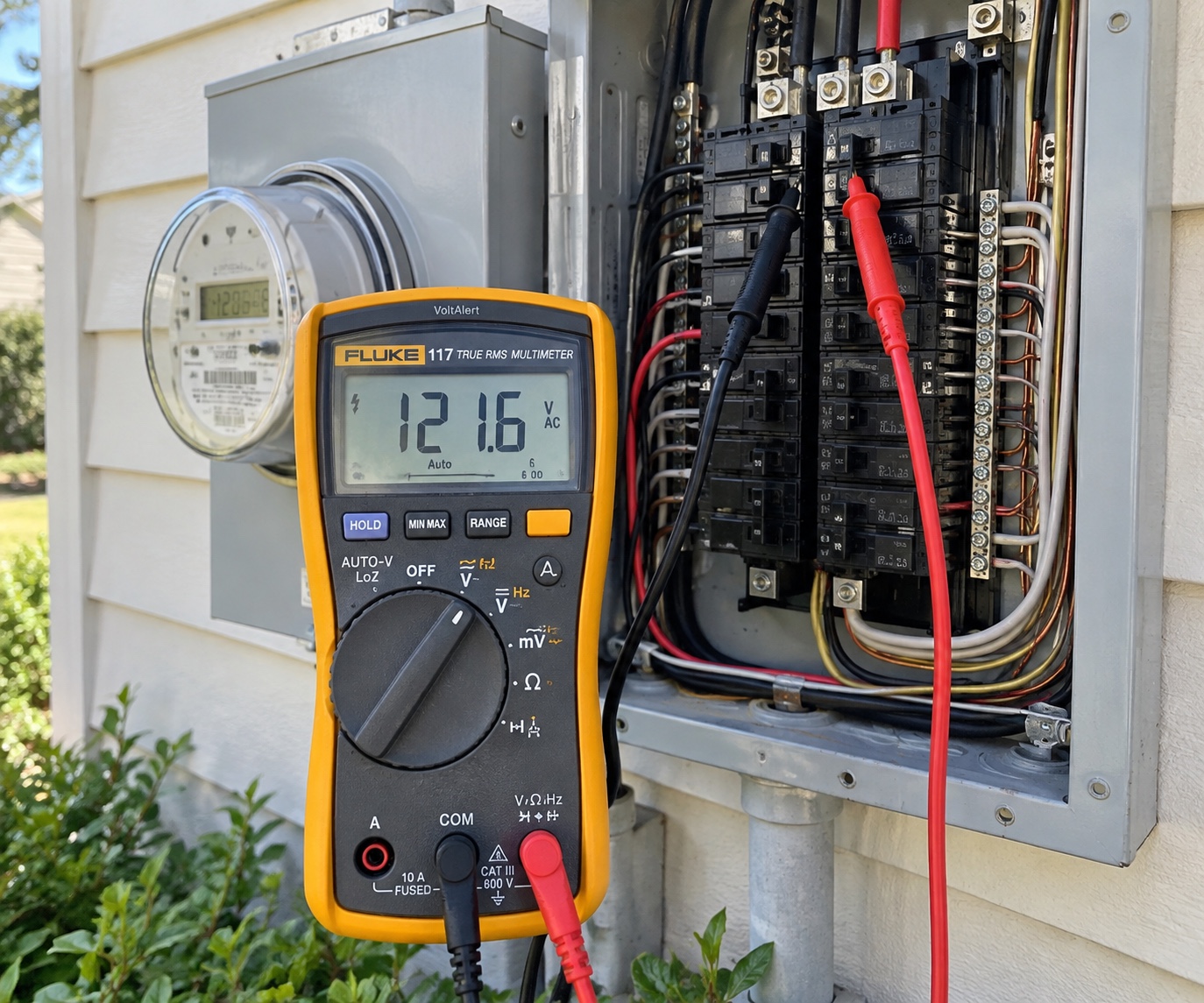 Multimeter beside a residential electrical panel