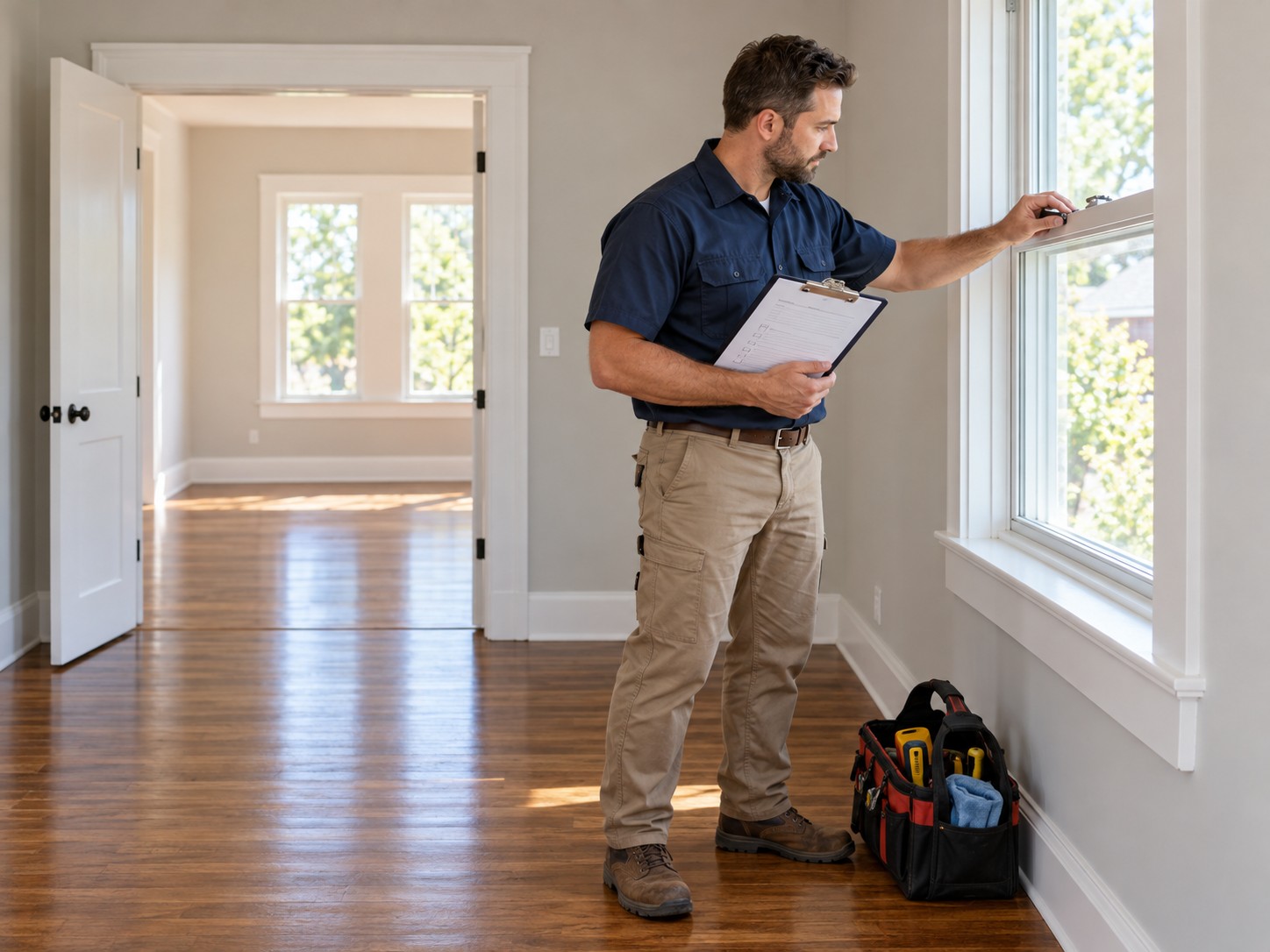 Illustration of a maintenance professional checking a window latch during a rental property walkthrough
