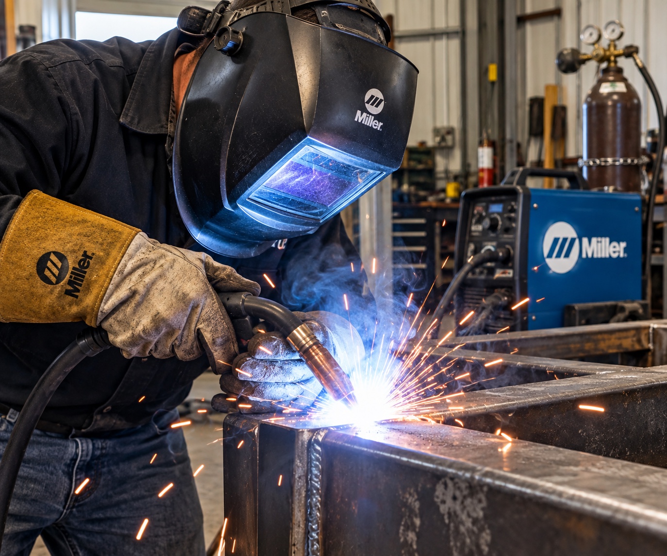 Welder wearing a protective helmet and gloves while welding a steel frame